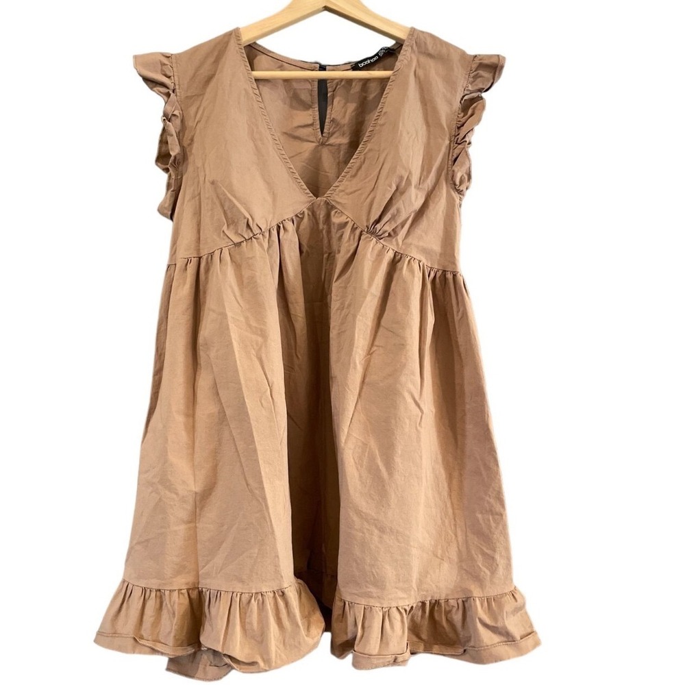 Boohoo Babydoll Mini Dressโ Brown Cotton Ruffle V-Neck Smock Boho Cottagecore 8